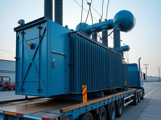 Large electrical transformer on multi-axle trailer