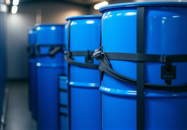 Drums of chemicals in a temperature-safe trailer environment
